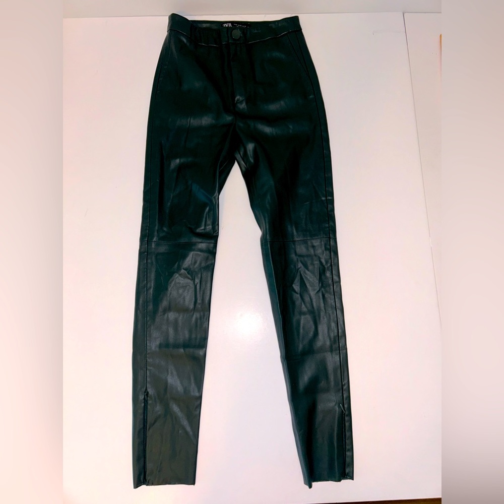 ZARA forest green faux leather straight leg side zip ankle leggings sz XS - Picture 4 of 9
